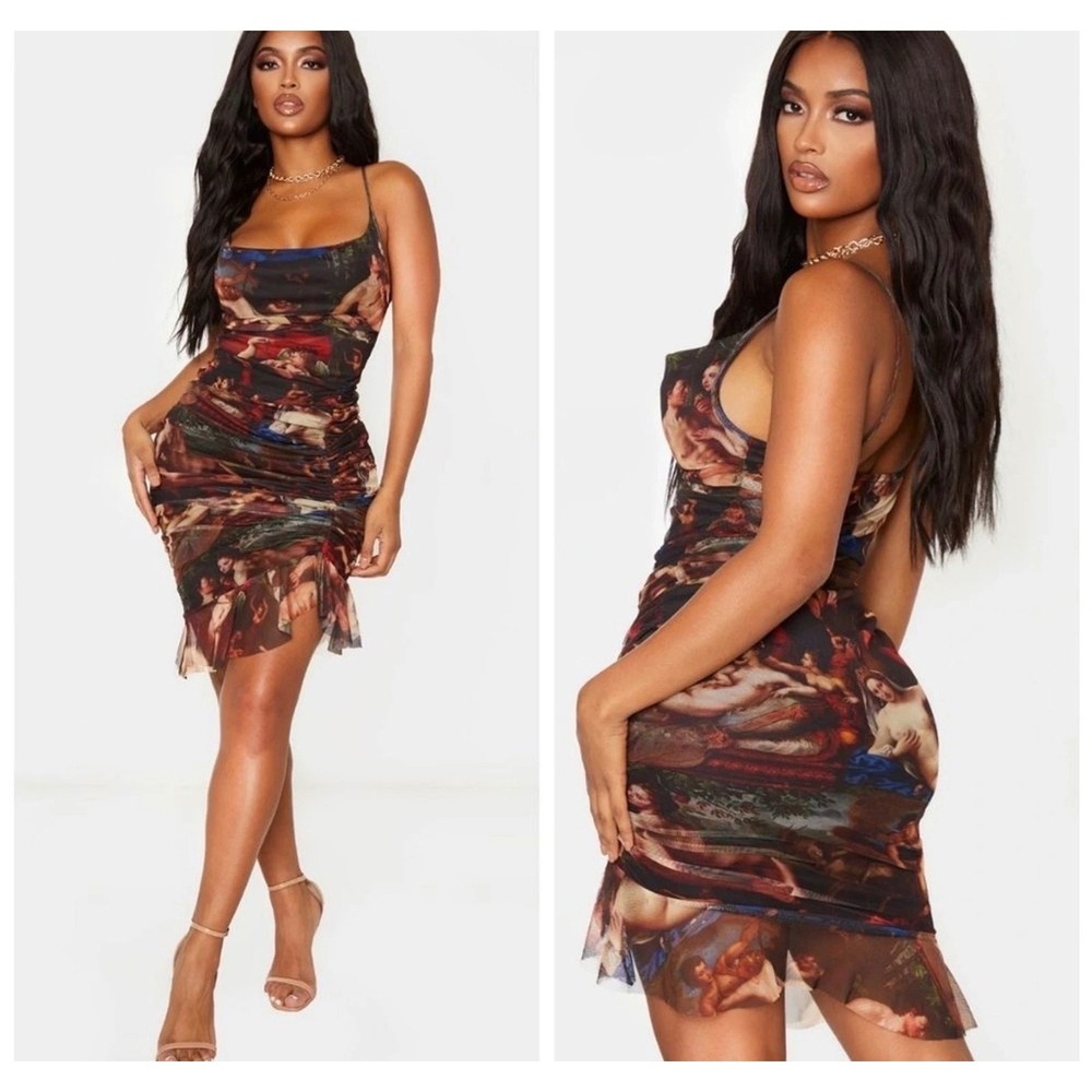 PrettyLittleThing Renaissance Print Ruched Mesh Mini Bodycon Sexy‎ Dress Size 10